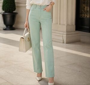 St John Sport Mint Green Straight Leg Jeans Size 0 High Rise Stretch Cotton Chic
